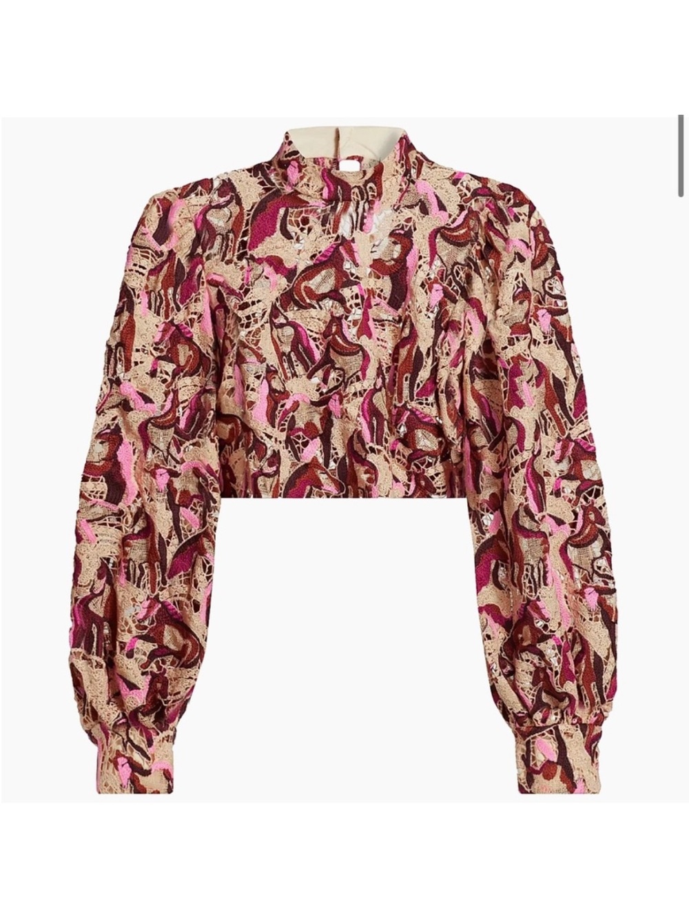 Farm Rio Woven Crop Blouse in Pink and Beige